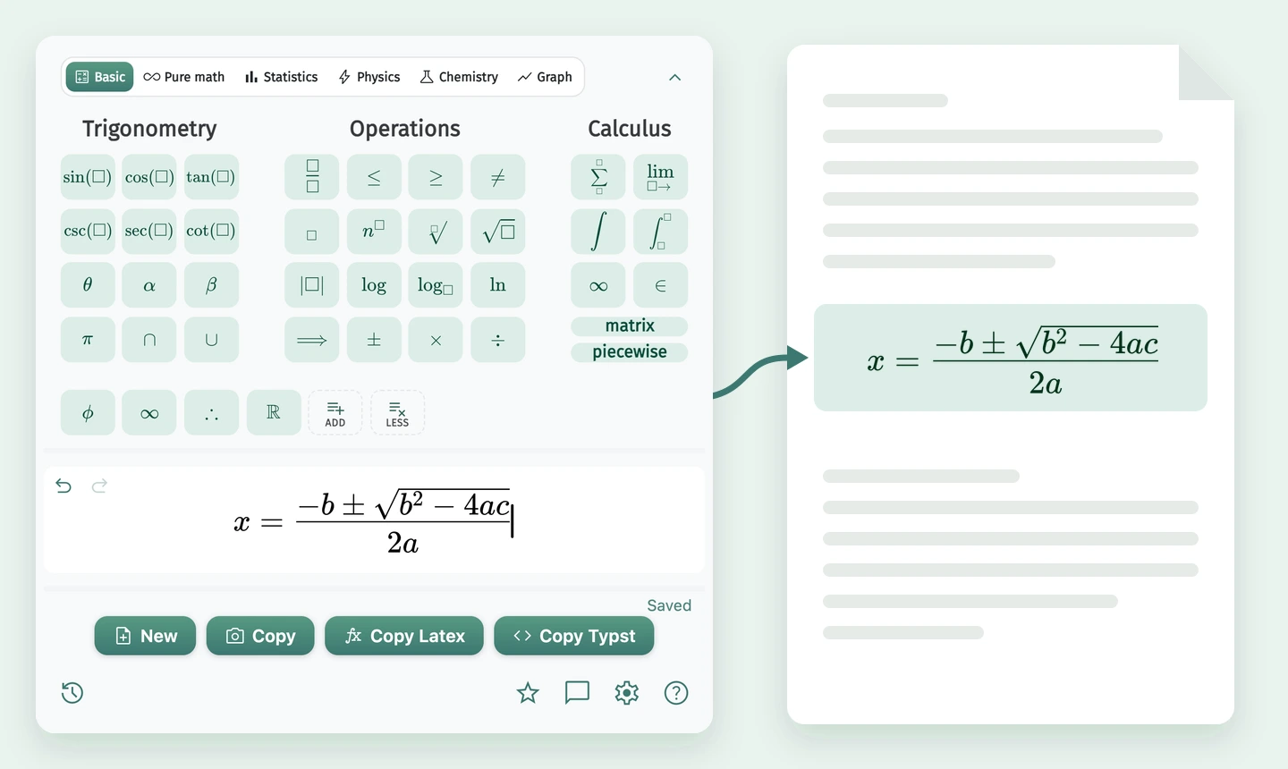 MATH Keys extension keyboard, math field, and copy actions inserting an equation into a document