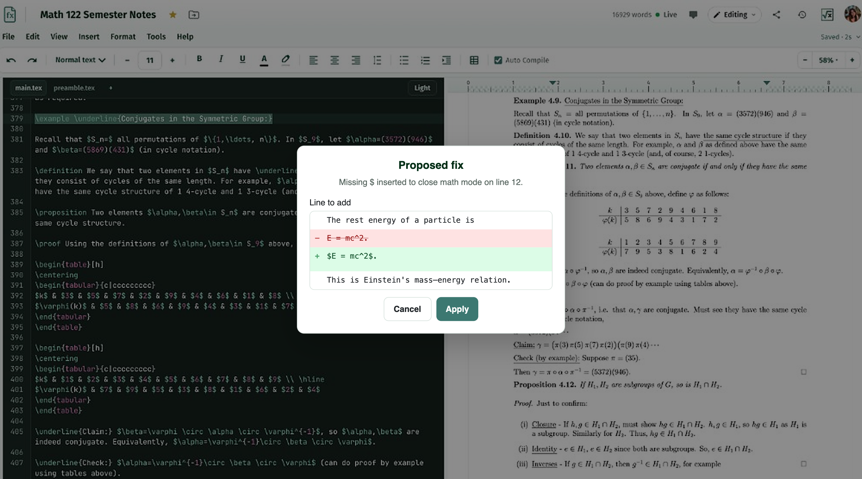 AI Fix in MATH Keys showing a compile error explanation and a suggested edit