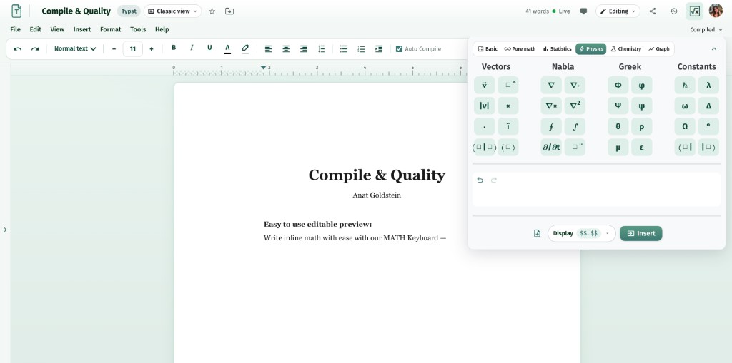 Typst editor compiled to PDF with the STEM keyboard inserting physics notation
