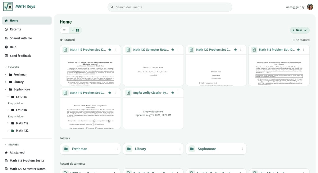 Math Drive home with starred documents and course folders