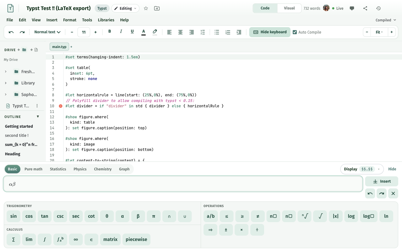 The MATH Keys mint STEM keyboard with an equation field, inserting LaTeX notation