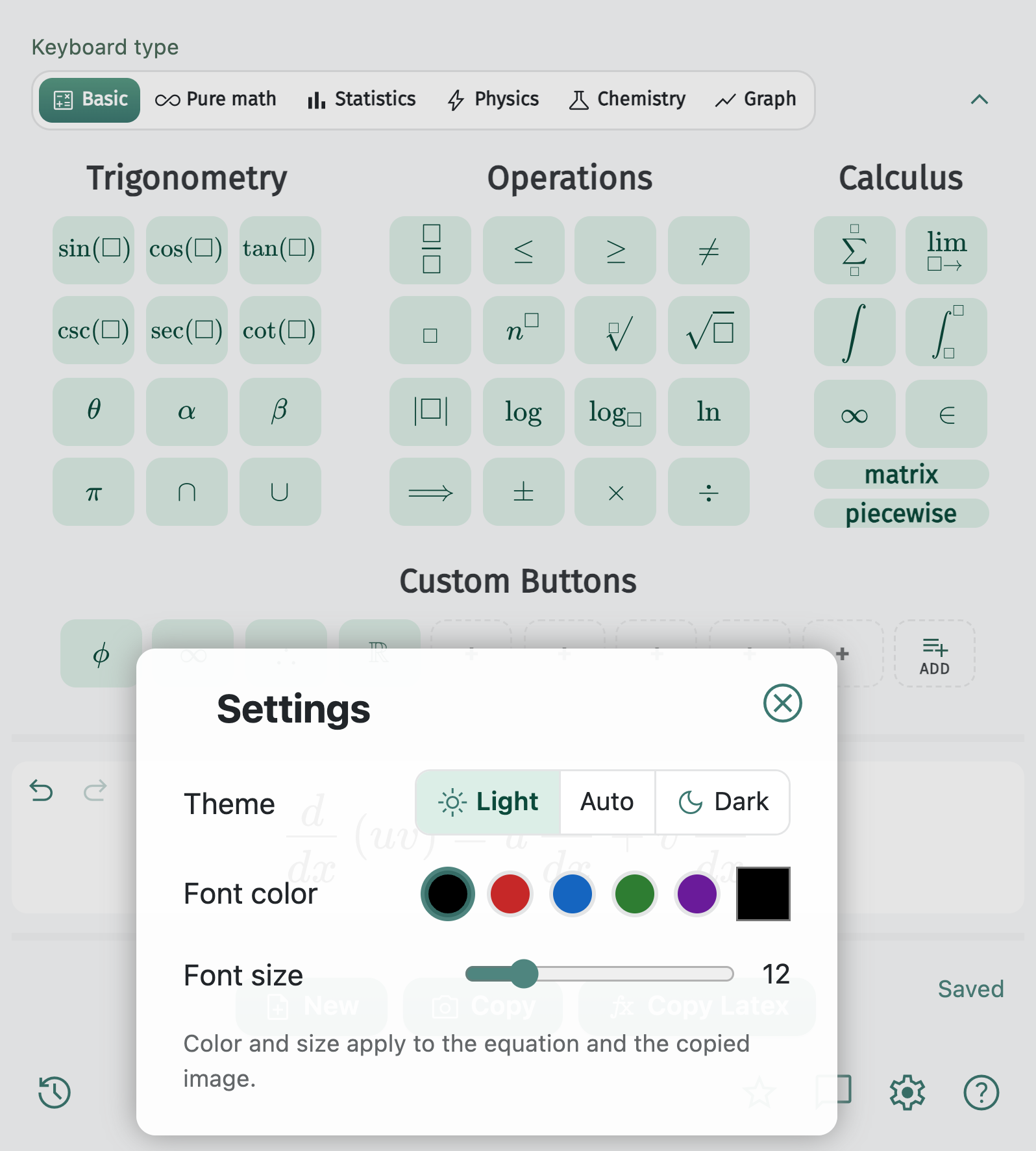 Settings for font color and font size