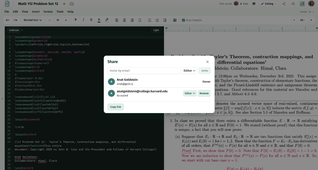 Share dialog granting a collaborator editor access to a MATH Keys document