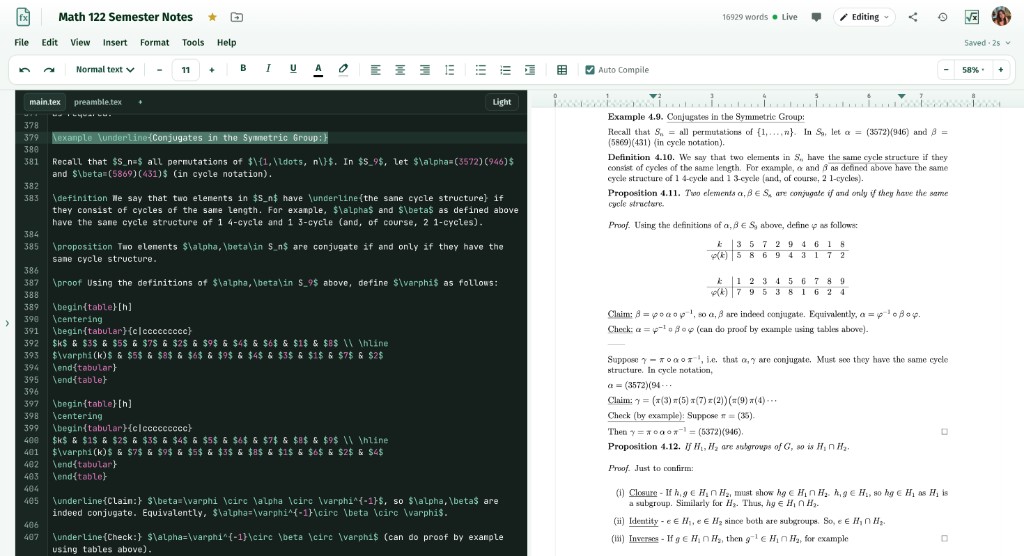 LaTeX editor source beside the compiled PDF preview of a lecture-notes document