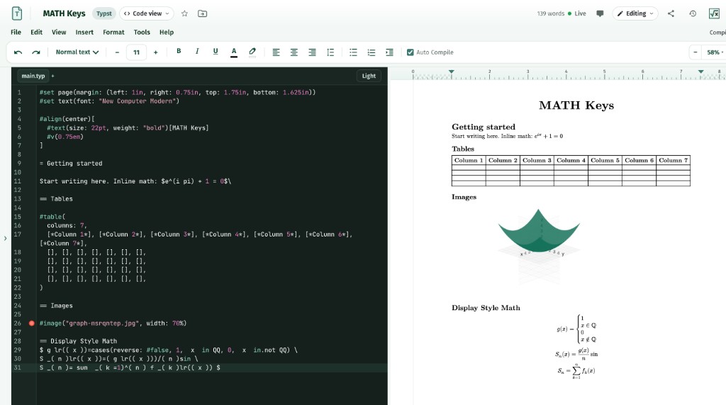 MATH Keys Typst editor and LaTeX editor: source on the left, live compiled PDF with tables, a 3D plot, and display math on the right