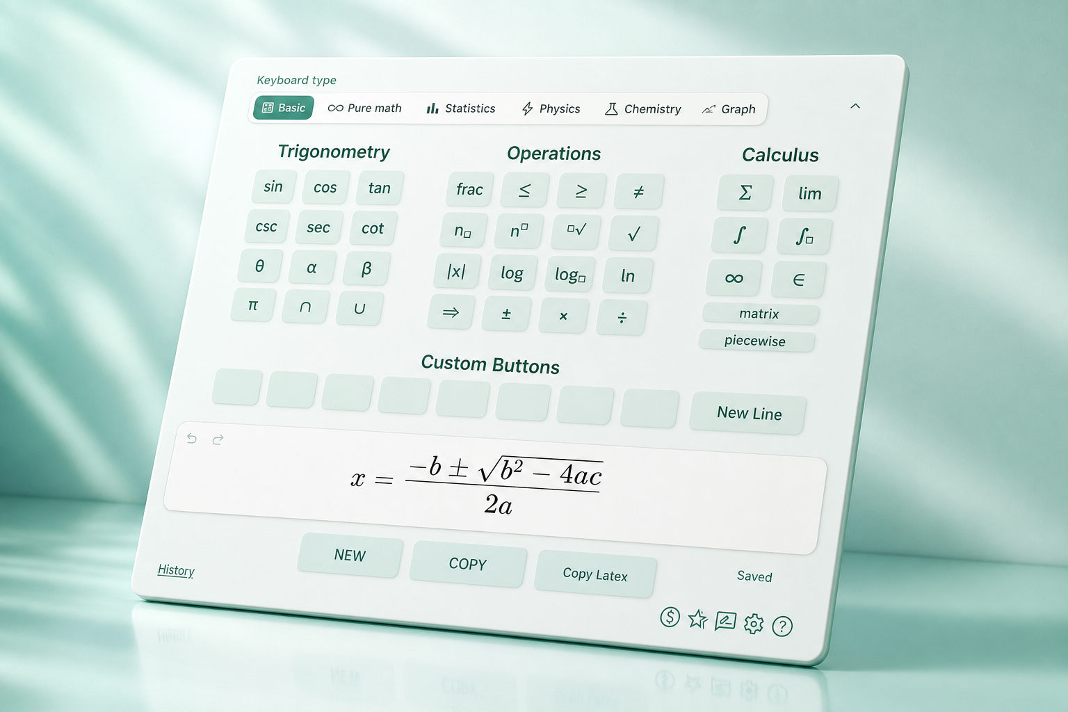 MATH Keys equation editor with mint keyboard and the quadratic formula