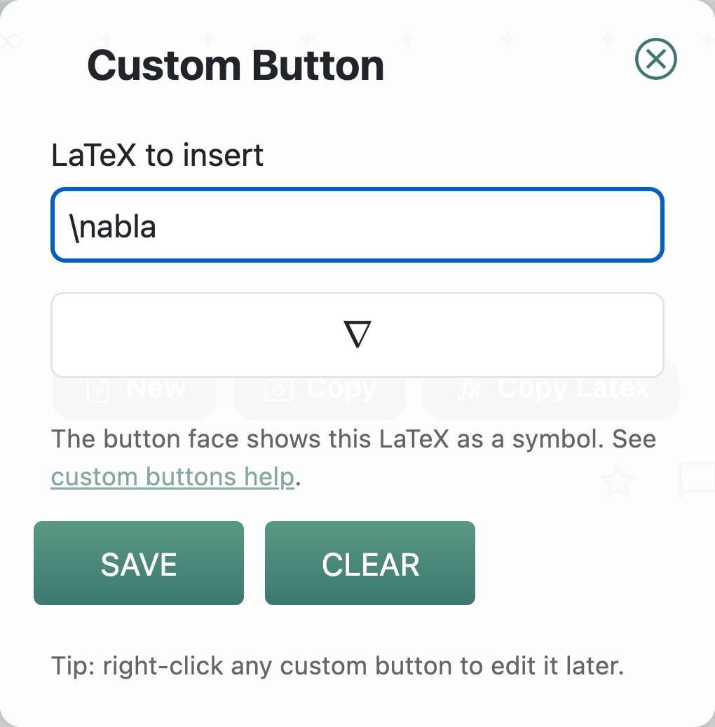 Custom Button dialog with nabla LaTeX typed and a live preview