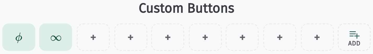 Custom Buttons row with two saved keys and empty plus slots